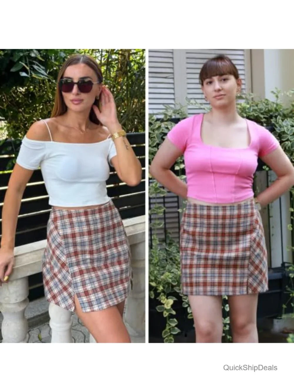 Faux Wool Plaid High Waisted Bodycon Mini Skirt with Side Slits